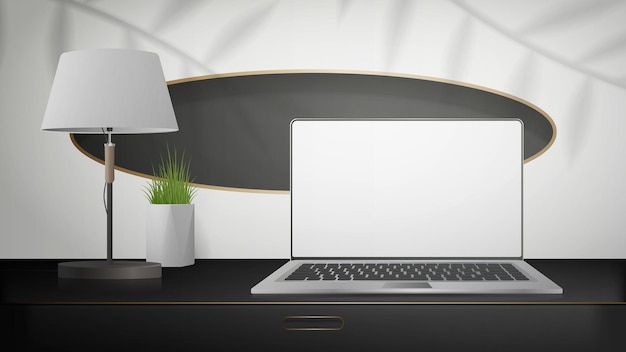 Vecteur un ordinateur portable avec un écran blanc se dresse sur une bordure noire disposition du lieu de travail pour l'affichage des sites, des applications, des jeux et des publicités illustration vectorielle de style réaliste