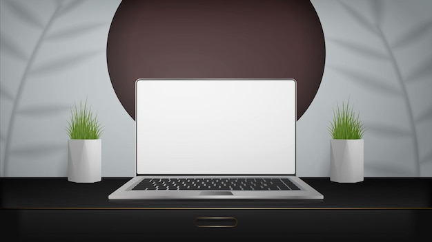 Un ordinateur portable avec un écran blanc se dresse sur une mise en page noire du lieu de travail pour afficher les sites, les applications, les jeux et les publicités Illustration vectorielle
