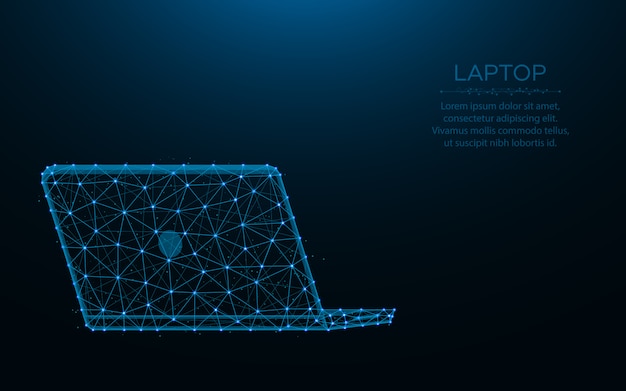 Ordinateur Portable Fabriqué à Partir De Points Et De Lignes Sur Fond Bleu Foncé, Maillage Filaire D'ordinateur Polygonal