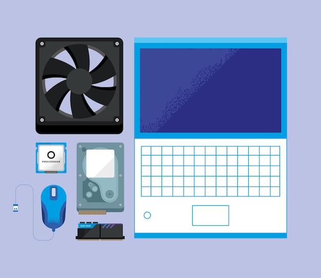 Vecteur ordinateur portable avec jeu d'icônes