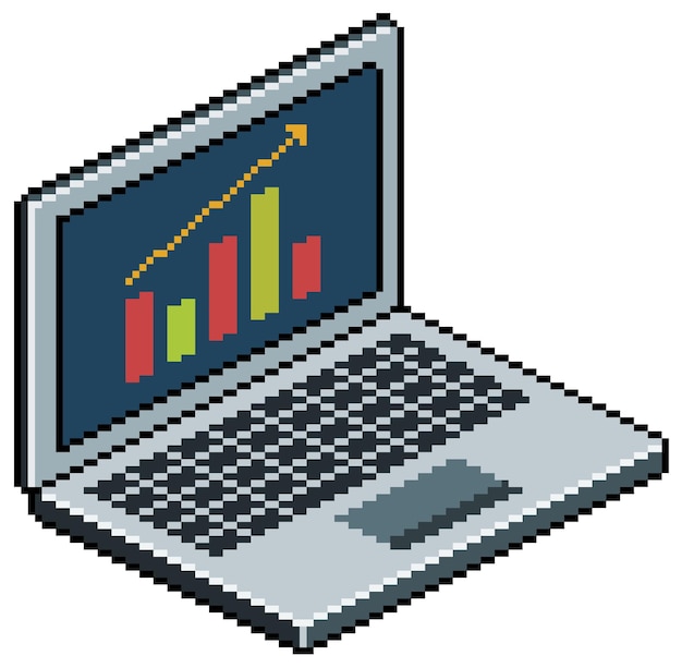 Ordinateur portable pixel art avec des graphiques sur l'écran. élément de jeu de bits sur fond blanc