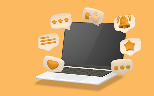 Ordinateur portable réaliste 3d et bulle de dialogue avec des icônes sociales en illustration vectorielle de style dessin animé