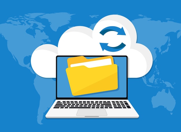 L'ordinateur portable se télécharge sur l'icône vectorielle du serveur cloud, des données et de la base de données