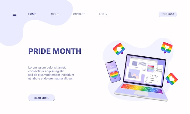 Ordinateur Portable Et Smartphone De La Page D'accueil Du Mois De La Fierté Avec Des Icônes De Médias Sociaux Aux Couleurs De L'arc-en-ciel Lgbt