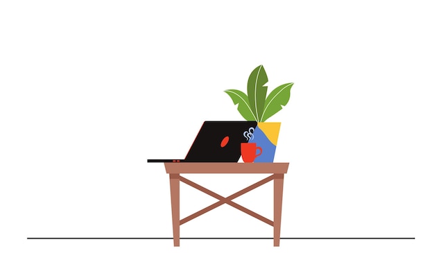 Un Ordinateur Portable, Une Tasse Et Une Plante En Pot Sont Sur La Table Illustration Vectorielle En Milieu De Travail