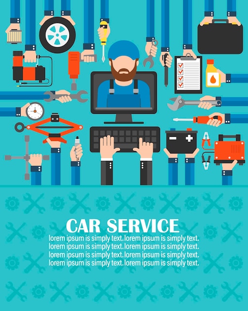Ordinateur de service de voiture en ligne avec design plat mécaniquelorem ipsum est simplement textVector illustration