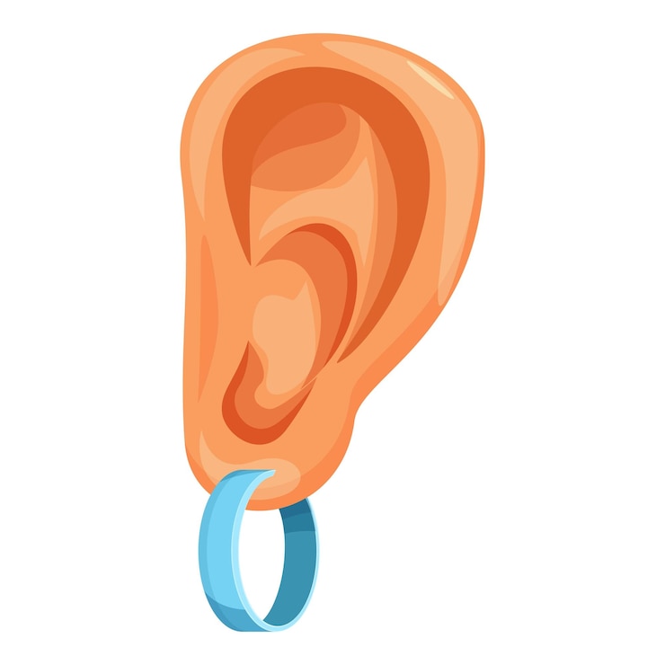 Vecteur oreille humaine avec un piercing portant une illustration de boucle d'oreille bleue