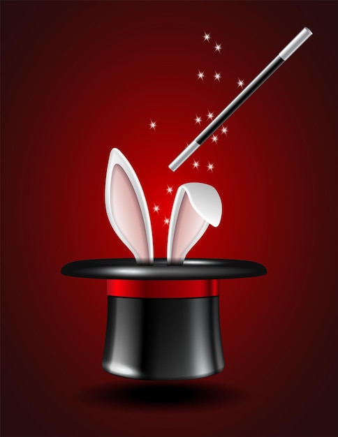 Des Oreilles De Lapin Blanches Apparaissent Du Chapeau Magique Sur Fond Rouge. Illustration Vectorielle