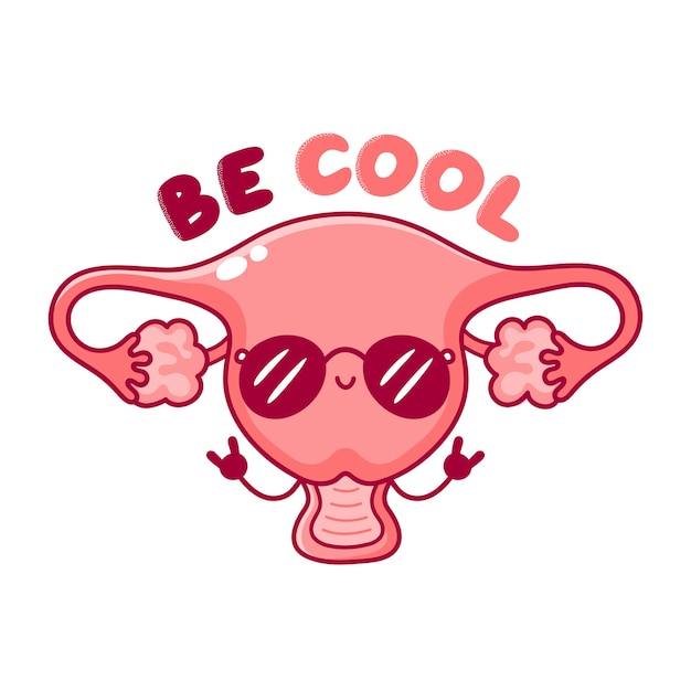 Organe De L'utérus Mignon Heureux Drôle Femme Cool Dans Des Lunettes De Soleil. Icône D'illustration De Personnage Kawaii Cartoon Ligne Plate. Isolé Sur Fond Blanc. Soyez Un Utérus Cool