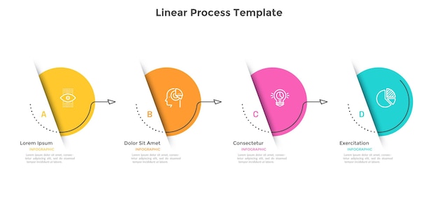 Organigramme Horizontal Avec 4 éléments Ronds Reliés Par Des Flèches. Concept De Quatre étapes De Développement Progressif. Modèle De Conception Infographique Minimal. Illustration Vectorielle Plane Pour La Présentation.