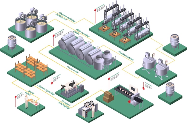 Organigramme isométrique de la production laitière avec pasteurisation et lait frais