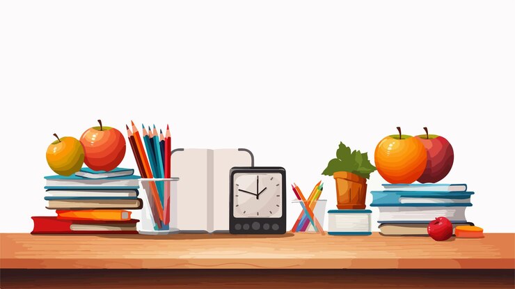 Vecteur organisateur de bureau en bois moderne avec des livres, des pommes et des articles de papeterie