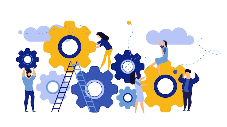 Vecteur organisation d'entreprise homme et femme avec engrenage de cercle