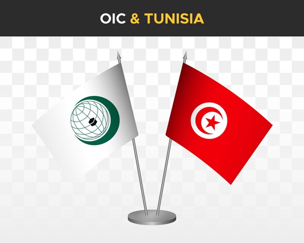 Organisation De L'oci Coopération Islamique Vs Tunisie Drapeaux De Bureau Maquette Illustration Vectorielle 3d