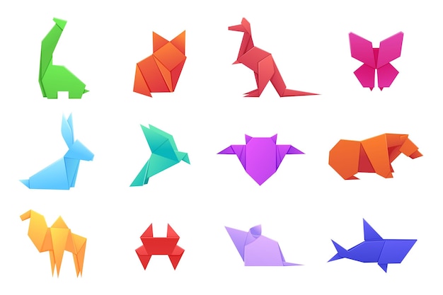 Origami animal Figure de couleur de papier Papillon et kangourou Icône d'oiseau d'art de la nature Flamingo ou lièvre Renard et lièvre isolés Ensemble de jouets pliés polygone Passe-temps japonais Illustration vectorielle à plat