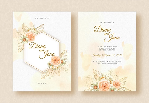 Ornement Aquarelle Fleur Rose Et Marguerite Avec Cadre Sur Fond D'invitation De Mariage