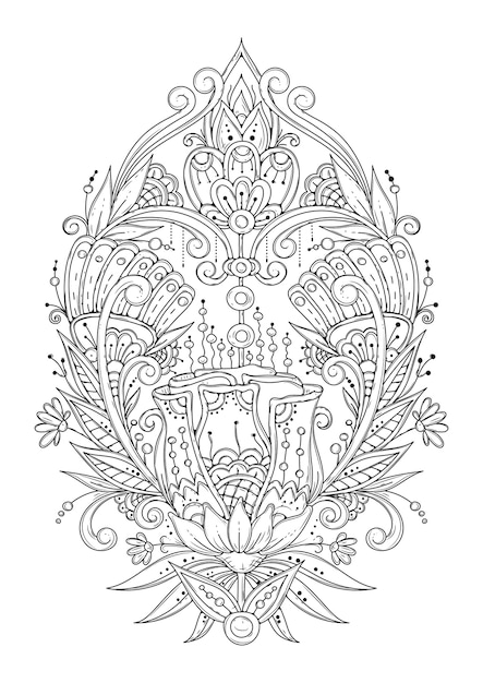 Ornement Asymétrique Avec Des Fleurs Et Des Feuilles Abstraites. Coloriage Noir Et Blanc.