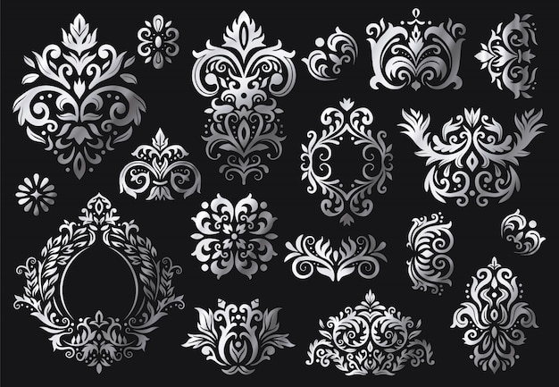 Ornement baroque vintage. Motif de brins floraux ornés, ornements damassés de luxe et ensemble de motifs damassés en sergé victorien