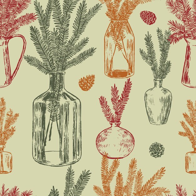 Ornement de bocaux avec des branches de sapin et des cônes de brindilles d'arbres de Noël dans des vases Modèle sans couture vectoriel abstrait Design de style rétro