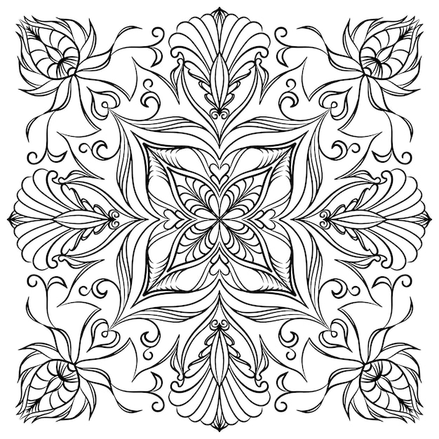 ornement floral stylisé noir et blanc de style oriental, dessin à la main