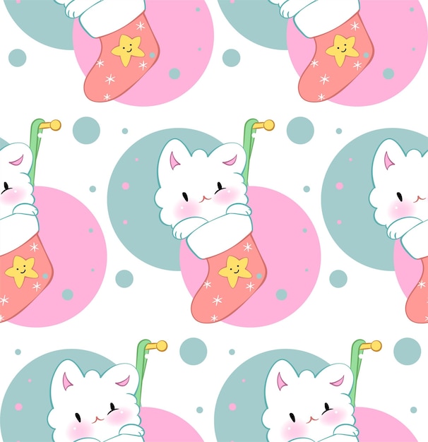 Vecteur ornement sans couture avec des chatons mignons dans un modèle vectoriel de style kawaii joyeux noël chats