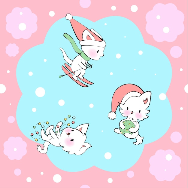 Ornement Sans Couture Avec Des Chatons Mignons Dans Un Modèle Vectoriel De Style Kawaii Joyeux Noël Chats