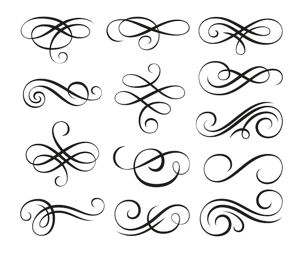 Ornement de séparateur de tourbillon calligraphique ensemble de s'épanouir linéaire Vignette en filigrane boucles ornementales Éléments de design décoratifs pour menu certificat diplôme carte de mariage invatation contour diviseur de texte