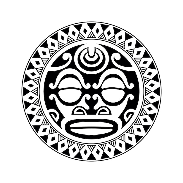 Vecteur ornement de tatouage rond avec visage de soleil style maori masque ethnique des aztèques africains ou mayas