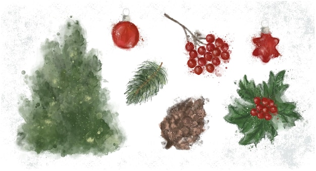 Ornements de Noël à l'aquarelle des branches d'arbres Holly
