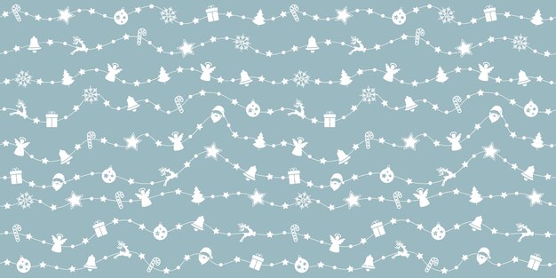 Vecteur ornements de noël sur ligne de corde motif sans couture fond bleu