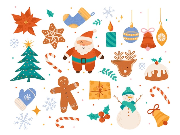 Ornements de vacances d'hiver mignon, collection de vecteurs décoratifs de scrapbooking de Noël, éléments d'arbre de Noël, père Noël, biscuits, boules, bonhomme de neige, cloche, illustration de bougie dans un style cartoon plat