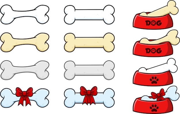 Vecteur os de chien de dessin animé avec ensemble de collection de vecteur de ruban et d'arc