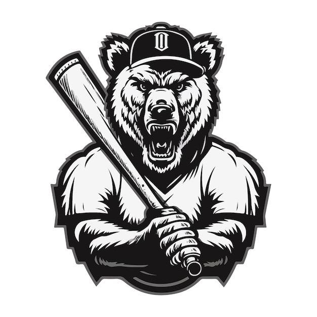 Un ours avec une batte de baseball dans les mains.