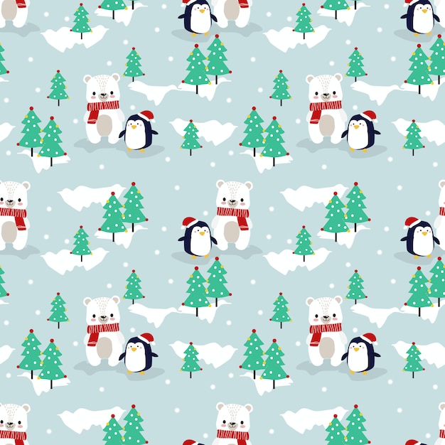 Ours Blanc Mignon Et Pingouin Dans Le Modèle Sans Couture De Saison De Noël