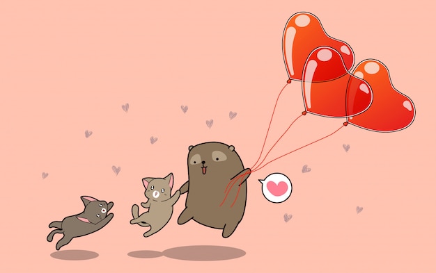 Ours et chats kawaii volent avec des ballons coeur en Saint Valentin