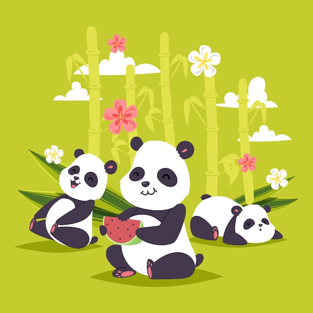 Ours Chinois Panda Bearcat Avec Bambou Jouant Ou Dormant Toile De Fond Illustration