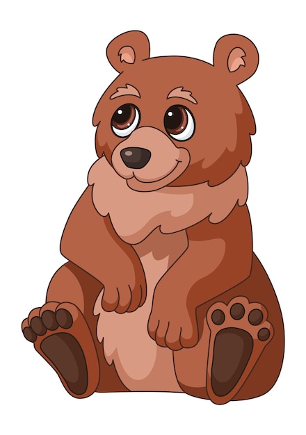 Vecteur ours de dessin animé. grizzly de forêt assis brun, souriant caractère mignon ours sauvage isolé sur fond blanc