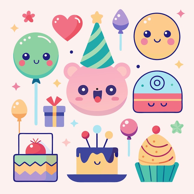 Un ours de dessin animé joyeux portant un chapeau de fête entouré de friandises d'anniversaire comme des ballons, des gâteaux et un cadeau