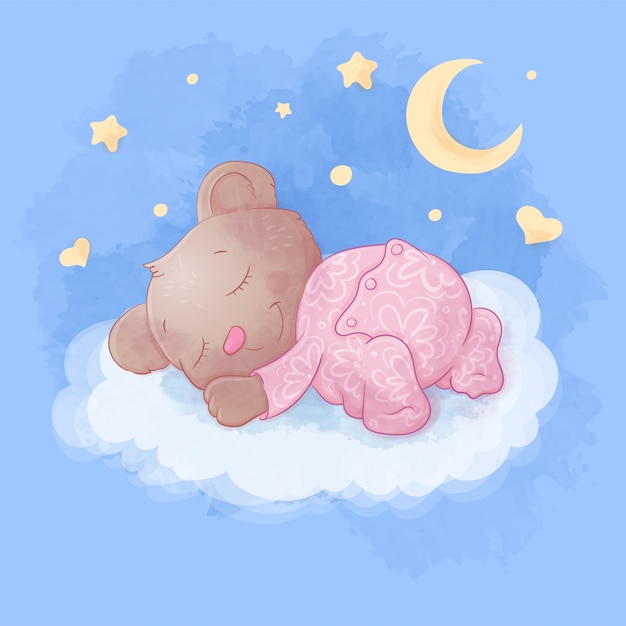 Vecteur ours de dessin animé mignon dort sur une illustration de nuage