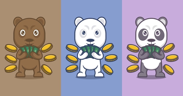 Vecteur ours de dessin animé mignon, pandas et ours polaires avec de l'argent