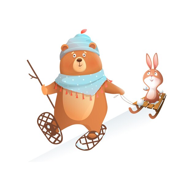 Ours Faisant Du Ski Ou Marchant En Raquettes Dans La Neige D'hiver, Tirant Un Traîneau Avec Un Lapin, Portant Des Vêtements D'hiver. Personnages Animaux Pour Les Enfants Jouant à Des Jeux D'hiver. Illustration De Clipart Autocollant De Vecteur.