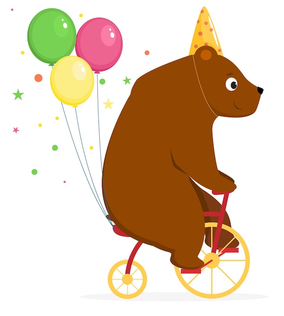 Vecteur l'ours fait un tour de cirque. l'ours fait du vélo avec des ballons. artiste de cirque. illustration vectorielle. isolé sur fond blanc