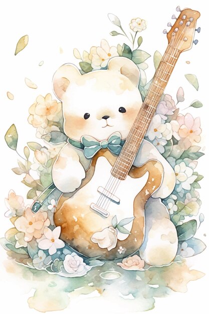 Un ours avec une guitare dans un jardin fleuri