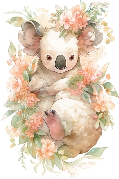 Ours koala dans un parterre de fleurs