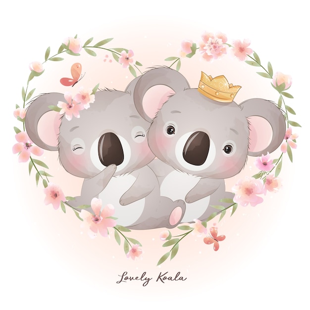 Vecteur ours koala mignon doodle avec illustration florale