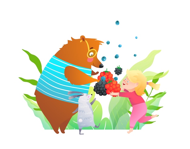 Ours lapin et petite fille mangeant des baies sauvages dans la forêt, dessin animé pour enfants.