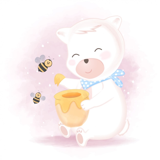 Ours Mignon Et Abeille Avec Illustration De Pot De Miel