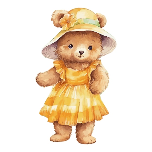 Vecteur ours mignon aquarelle portant un chapeau d'été jaune et une robe en fond blanc concept