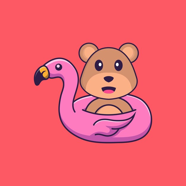 Ours mignon avec bouée flamant rose. Concept de dessin animé animal isolé. Style de dessin animé plat