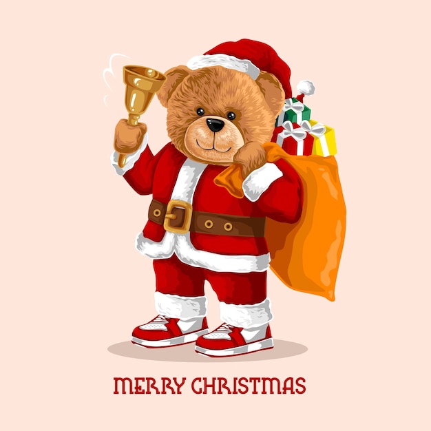 Ours Mignon Avec Costume De Père Noël Apporter Une Boîte-cadeau De Noël